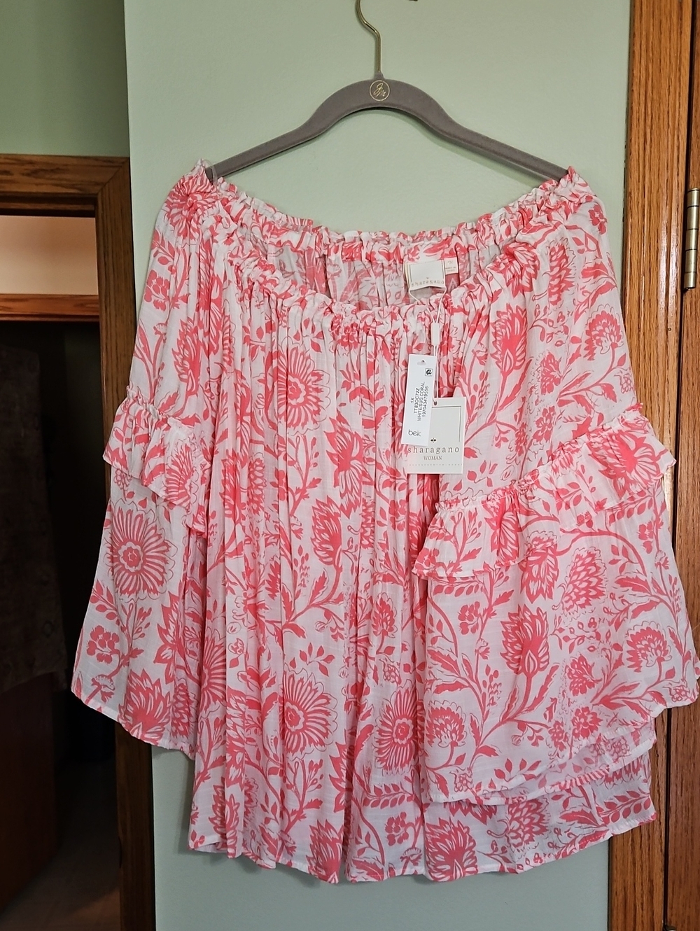 Sharagano Pink Floral Off-Shoulder Ruffle Blouse